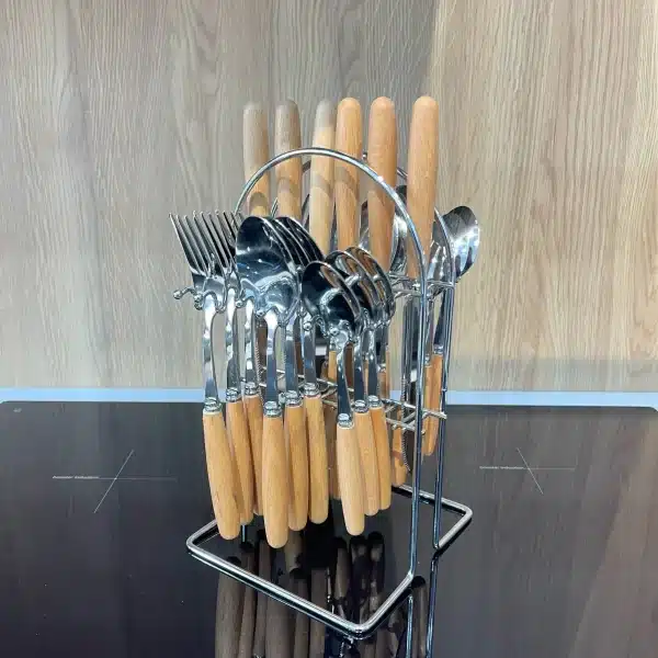 Ensemble de 24 couverts de luxe en acier inoxydable bras en bois