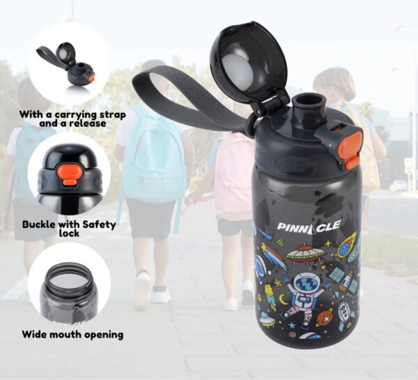 Bouteille d'eau PROMIST Pinnacle pour enfants avec paille et dragonne-600ml- NOIR