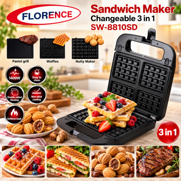 Appareil De Cuisson 3en1 Florence Panini Gaufre Zouza 1400W